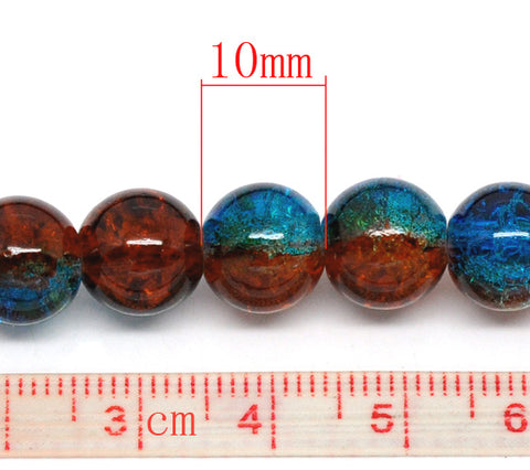 1 Strand Round Glass Loose Beads - Blue & Brown Crackle Glass 10mm Approx. 84pcs