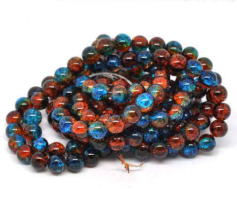1 Strand Round Glass Loose Beads - Blue & Brown Crackle Glass 10mm Approx. 84pcs