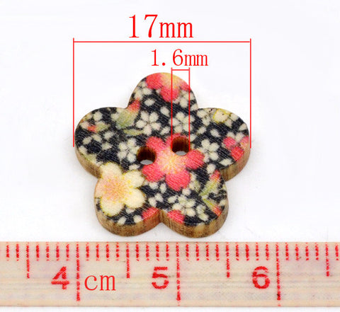 10 Pcs, Round 2 Holes Multicolor Flower Wood Buttons 17x17mm - Sexy Sparkles Fashion Jewelry - 2