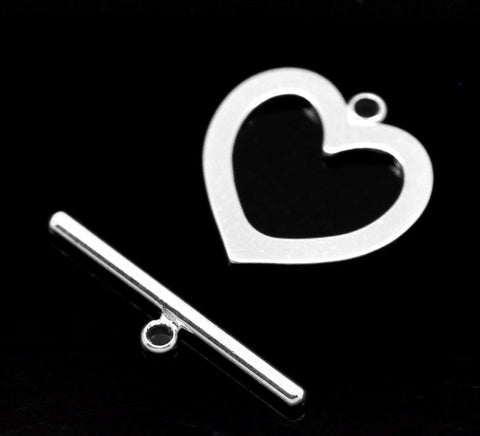 2 Sets of 2 Silver Plated Heart Charm Toggle Clasps(4pcs total) - Sexy Sparkles Fashion Jewelry - 1