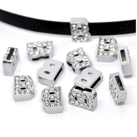 Rhinestone Alphabet Letter B Charm Beads For Slider Style Buckle Charm Bracelet!