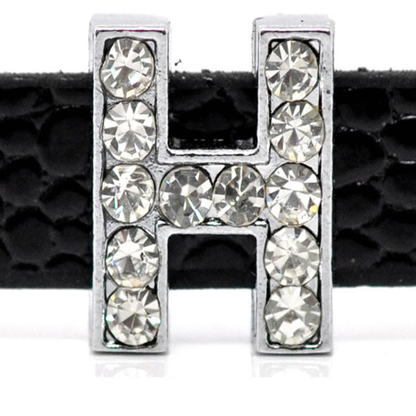 Rhinestone Alphabet Letter H Charm Beads For Slider Style Buckle Charm Bracelet!