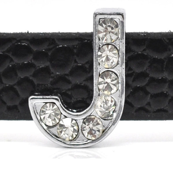 Rhinestone Alphabet Letter J Charm Beads For Slider Style Buckle Charm Bracelet!