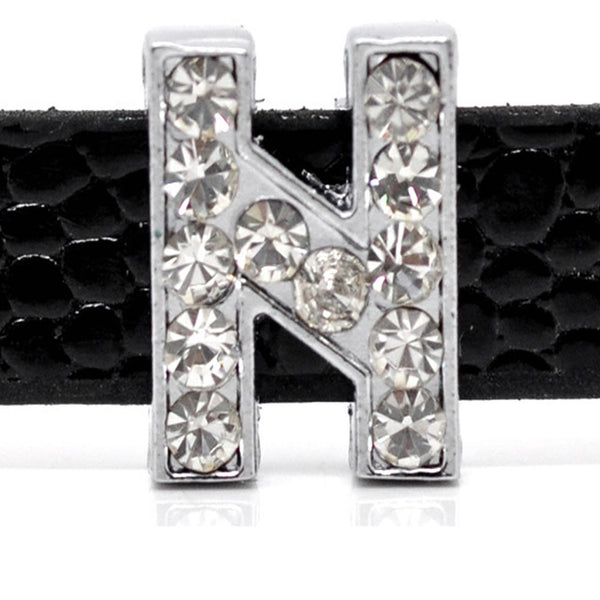 Rhinestone Alphabet Letter N Charm Beads For Slider Style Buckle Charm Bracelet!