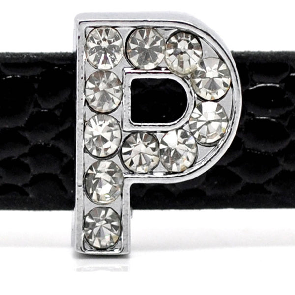 Rhinestone Alphabet Letter P Charm Beads For Slider Style Buckle Charm Bracelet!
