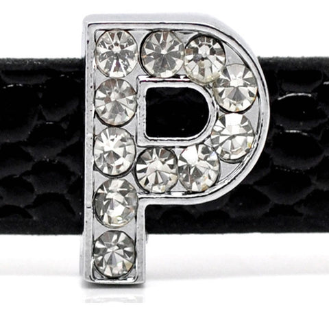 Rhinestone Alphabet Letter P Charm Beads For Slider Style Buckle Charm Bracelet!