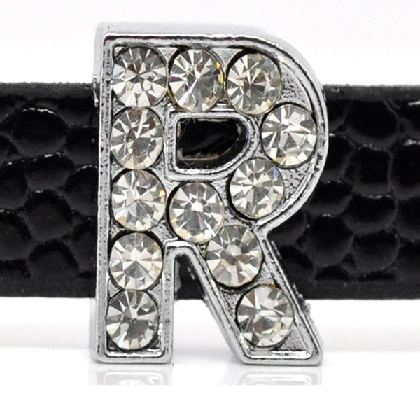 Rhinestone Alphabet Letter R Charm Beads For Slider Style Buckle Charm Bracelet!