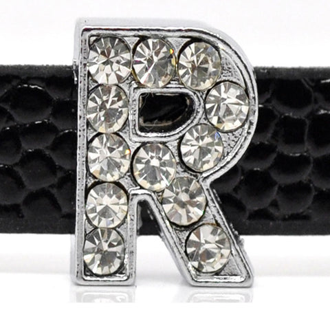 Rhinestone Alphabet Letter R Charm Beads For Slider Style Buckle Charm Bracelet!