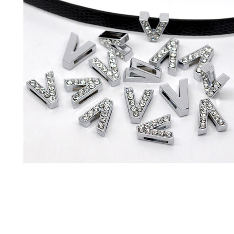 Rhinestone Alphabet Letter V Charm Beads For Slider Style Buckle Charm Bracelet!
