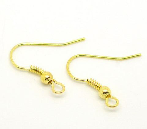 100 Pcs Earring Wire Hooks with Ball and Spring Gold Tone 21mm X 18mm - Sexy Sparkles Fashion Jewelry - 1