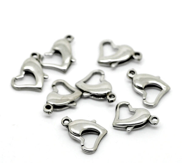 Sexy Sparkles 5 Pcs 304 Stainless Steel Lobster Clasps Heart Silver Tone 13mm