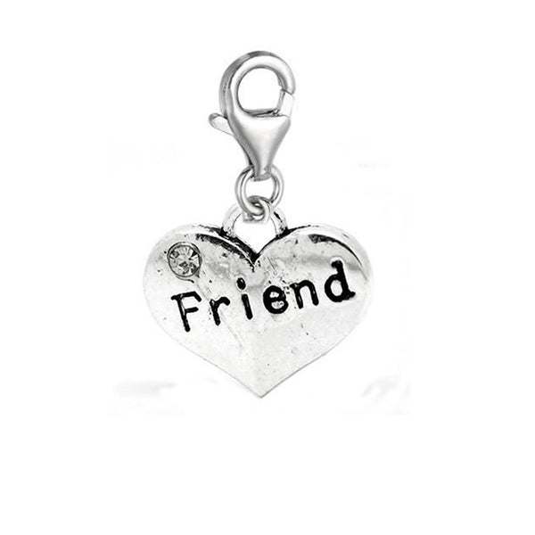 Clip on Friend on Heart Dangle Charm Pendant for European Jewelry w/ Lobster Clasp