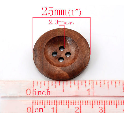 50 PCs 1 Inch Buttons 25mm Sewing Flatback Button Brown Wood Sewing Buttons Scrapbooking 4 Holes Round