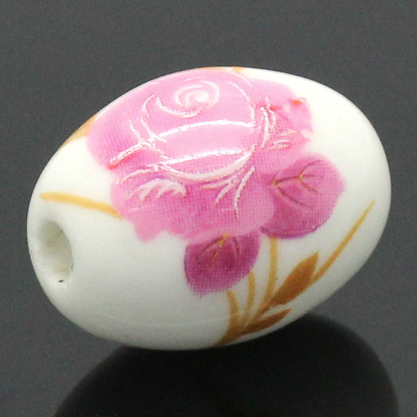 Sexy Sparkles 10 Pcs Ceramics Spacer Beads Pink Flower Pattern Oval Multicolor 6/8"x 4/8"