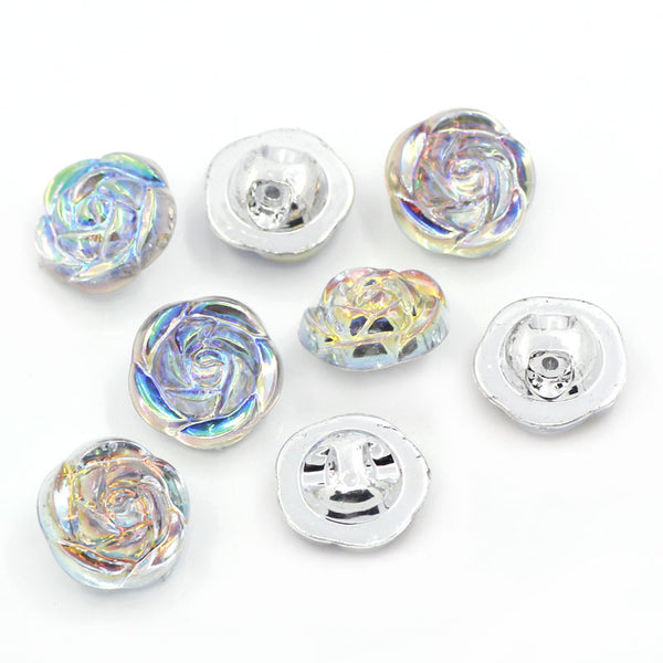 Sexy Sparkles 5 Pcs Acrylic Rose Flower Buttons Silver Tone Ab Color 15mm