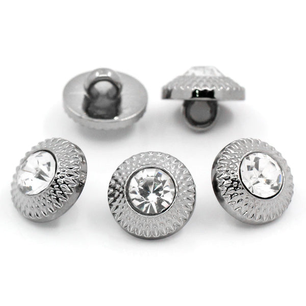 Sexy Sparkles 5 Pcs Acrylic Round Buttons Gunmetal Wavy Stripes Pattern Carved with Clear Rhinestone