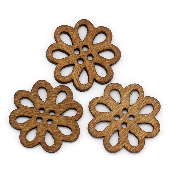 Sexy Sparkles 10 Pcs Flower Shaped Coffee Wood Buttons 20mm