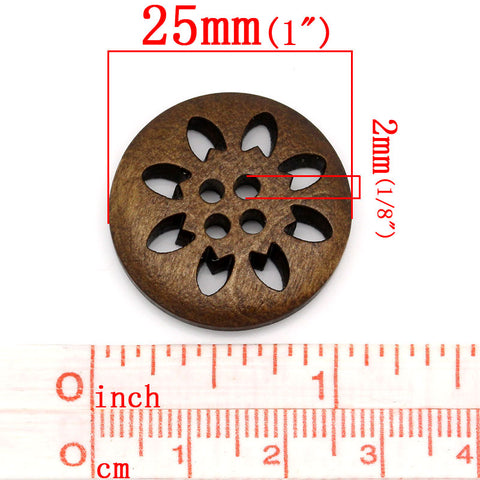 50PCs Wood Buttons Sewing Snowflake Carved 4 Holes Brown 25mm Dia.(1inch )