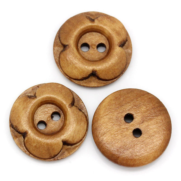 Sexy Sparkles 5 Pcs Round Smoke Yellow Wood Buttons Flower 20mm