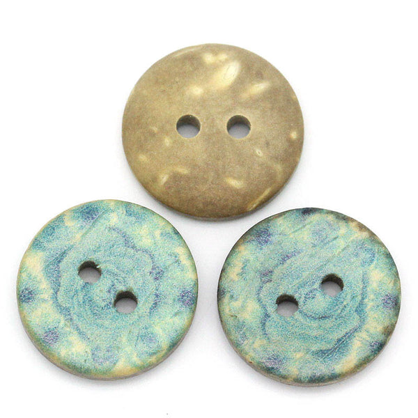 Sexy Sparkles 5 Pcs Coconut Shell Round Natural Buttons with Blue Flower Pattern 15mm