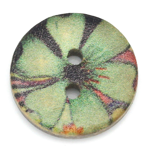 Sexy Sparkles 10 Pcs Coconut Shell Round Natural Buttons with Green Flower Pattern 15mm