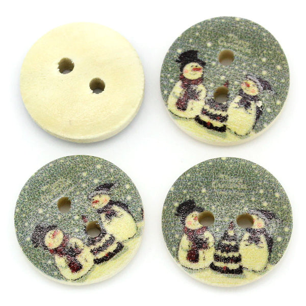 Sexy Sparkles 10 Pcs Round Wood Buttons Green Christmas Tree and Snowman 15mm