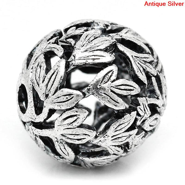 Sexy Sparkles 5 Pcs Silver Toned Round Leaf Pattern Carved Spacer Bead 14mm (4/8'') Dia, Hole: Approx 2.2mm