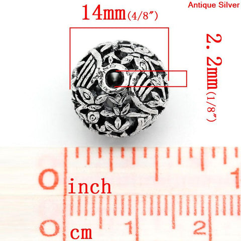 Sexy Sparkles 5 Pcs Silver Toned Round Leaf Pattern Carved Spacer Bead 14mm (4/8'') Dia, Hole: Approx 2.2mm