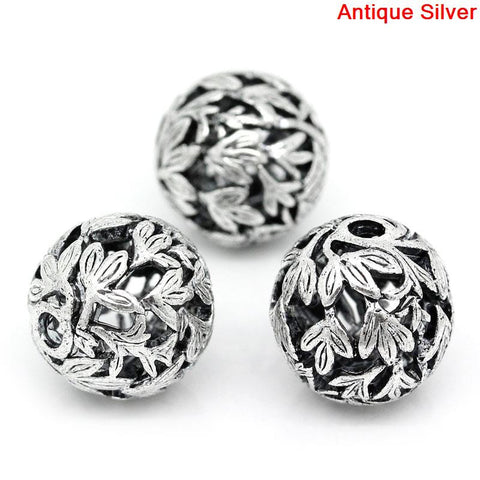 Sexy Sparkles 5 Pcs Silver Toned Round Leaf Pattern Carved Spacer Bead 14mm (4/8'') Dia, Hole: Approx 2.2mm