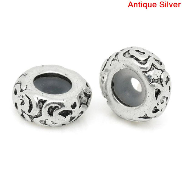 Sexy Sparkles 10 Pcs Silver Toned Flower Carved Charm Bead 11mm Dia, Hole: Approx 5.3mm