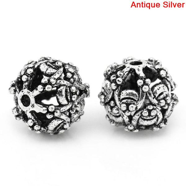 Sexy Sparkles 10 Pcs Silver Toned Round Flower Pattern Hollow Spacer Bead 10mm Dia, Hole: Approxx 1.1mm