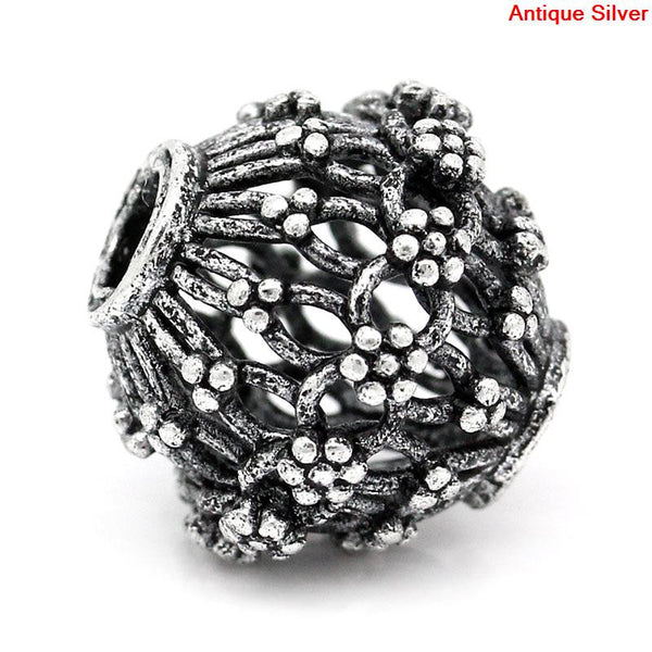 Sexy Sparkles 5 Pcs Silver Toned Round Flower Pattern Hollow Spacer Bead 15mm Dia, Hole: Approx 3.5mm