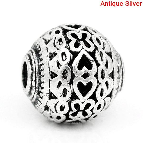Sexy Sparkles 5 Pcs Silver Toned Round Flower/heart Pattern Hollow Spacer Bead 11mm Dia, Hole: Approx 1.7mm