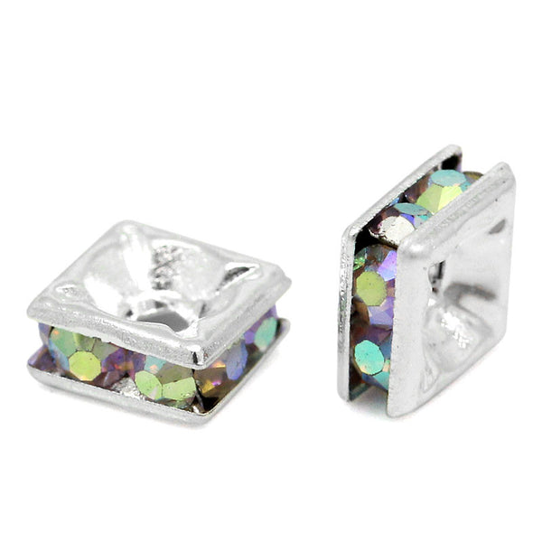 Sexy Sparkles 25 Pcs Copper Rondelle Spacer Beads Square Silver Plated with AB Color Rhinestone 5mm
