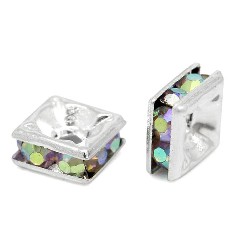 Sexy Sparkles 25 Pcs Copper Rondelle Spacer Beads Square Silver Plated with AB Color Rhinestone 5mm