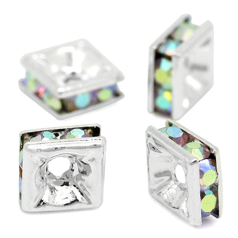 Sexy Sparkles 25 Pcs Copper Rondelle Spacer Beads Square Silver Plated with AB Color Rhinestone 5mm