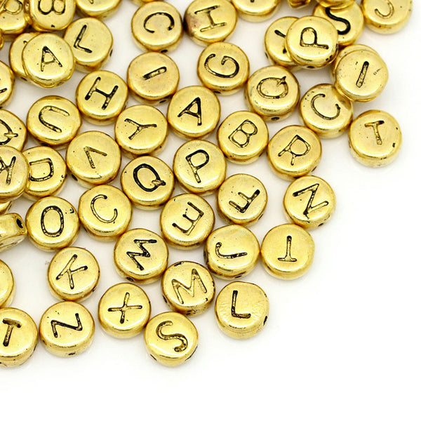 50 Pcs Spacer Beads Mixed Alphabet/ Assorted Letters Gold Tone 6mm - Sexy Sparkles Fashion Jewelry - 1