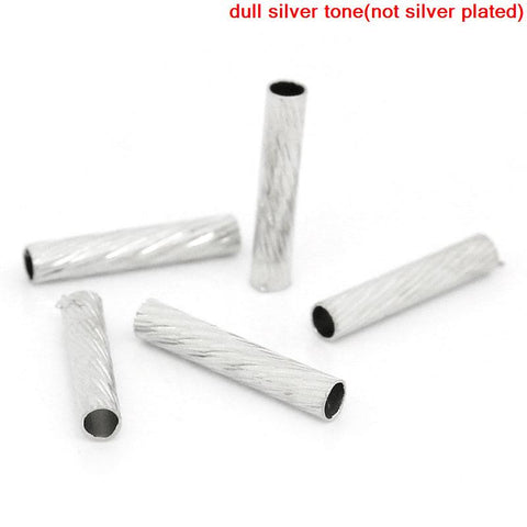 50 Pcs Spacer Beads Hollow Tube Stripe Pattern Silver Tone 10mm - Sexy Sparkles Fashion Jewelry - 3