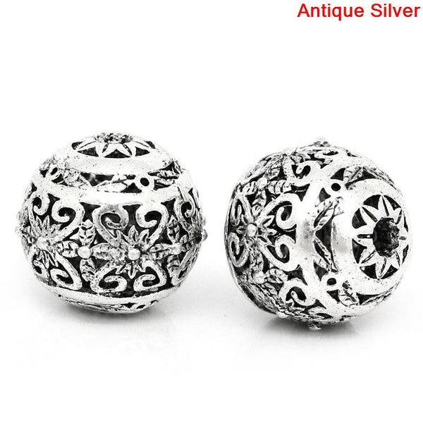 Sexy Sparkles 5 Pcs Round Hollow Spacer Beads Antique Silver Flower Pattern Carved 11mm