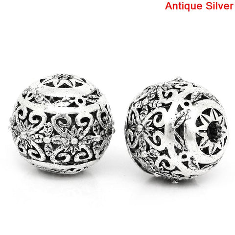 5 Pcs Round Hollow Spacer Beads Antique Silver Flower Pattern Carved 11mm - Sexy Sparkles Fashion Jewelry - 1