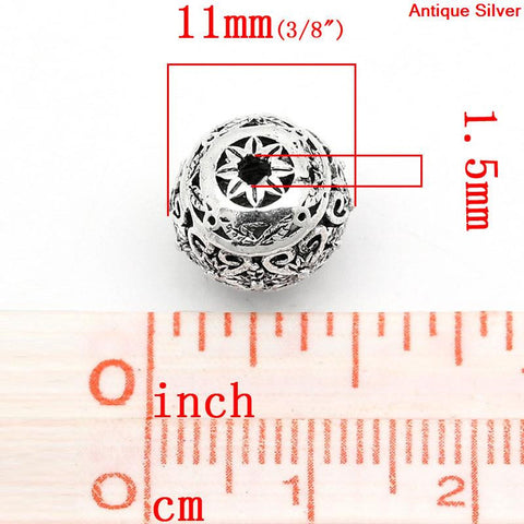 5 Pcs Round Hollow Spacer Beads Antique Silver Flower Pattern Carved 11mm - Sexy Sparkles Fashion Jewelry - 2