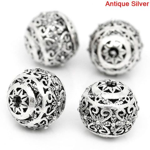 5 Pcs Round Hollow Spacer Beads Antique Silver Flower Pattern Carved 11mm - Sexy Sparkles Fashion Jewelry - 3