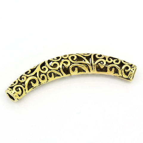2 Pcs Spacer Beads Hollow Curved Tube Gold Tone Vine Pattern Carved - Sexy Sparkles Fashion Jewelry - 1
