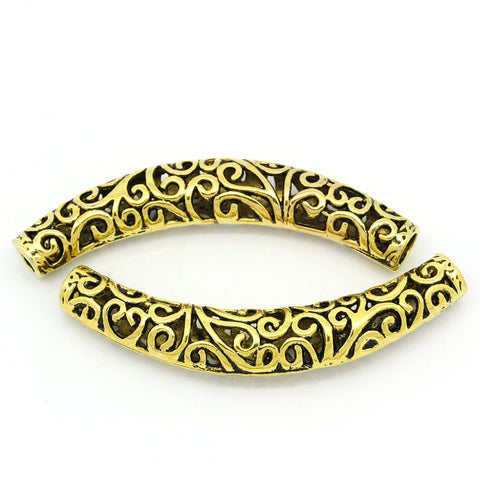 2 Pcs Spacer Beads Hollow Curved Tube Gold Tone Vine Pattern Carved - Sexy Sparkles Fashion Jewelry - 2