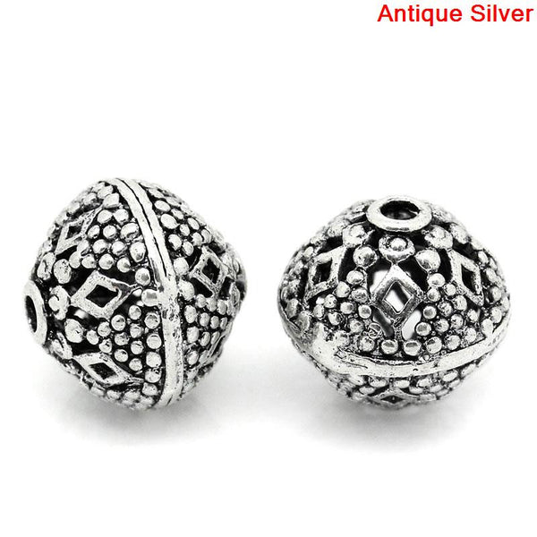 Sexy Sparkles 5 Pcs Round Hollow Spacer Beads Antique Silver Rhombus Pattern Carved 16mm