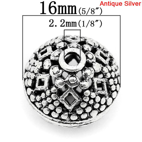 5 Pcs Round Hollow Spacer Beads Antique Silver Rhombus Pattern Carved 16mm - Sexy Sparkles Fashion Jewelry - 2