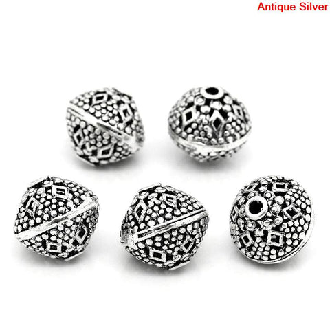 5 Pcs Round Hollow Spacer Beads Antique Silver Rhombus Pattern Carved 16mm - Sexy Sparkles Fashion Jewelry - 3
