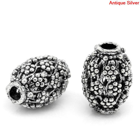 5 Pcs Oval Hollow Spacer Beads Antique Silver Flower Pattern Carved 16mm - Sexy Sparkles Fashion Jewelry - 1