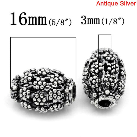 5 Pcs Oval Hollow Spacer Beads Antique Silver Flower Pattern Carved 16mm - Sexy Sparkles Fashion Jewelry - 2