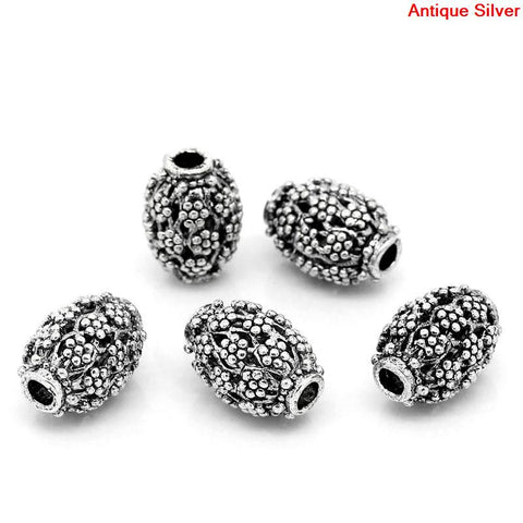5 Pcs Oval Hollow Spacer Beads Antique Silver Flower Pattern Carved 16mm - Sexy Sparkles Fashion Jewelry - 3